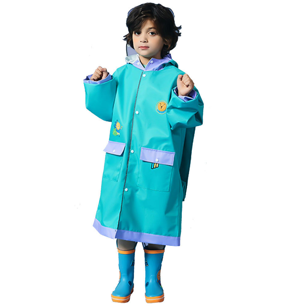 Little Surprise Box, Teal Orange Lion Knee Length Raincoat For Kids