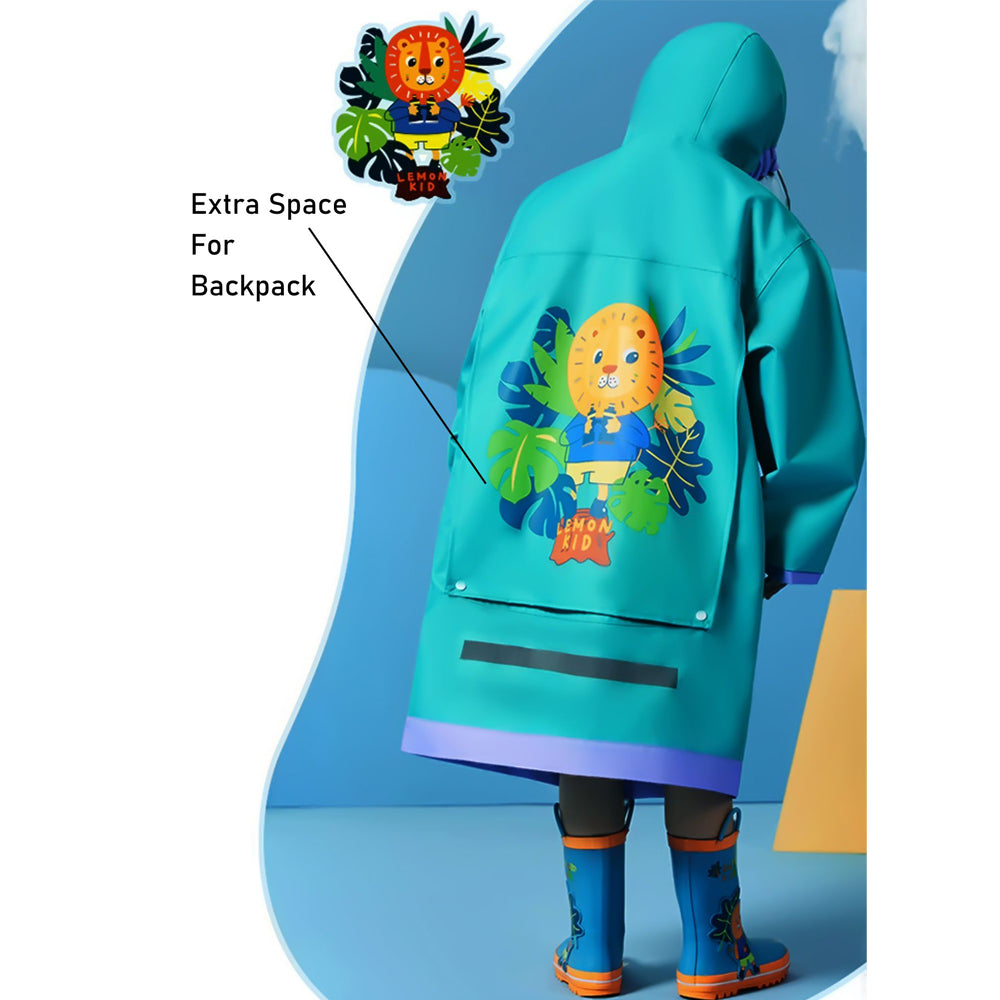 Little Surprise Box, Teal Orange Lion Knee Length Raincoat For Kids
