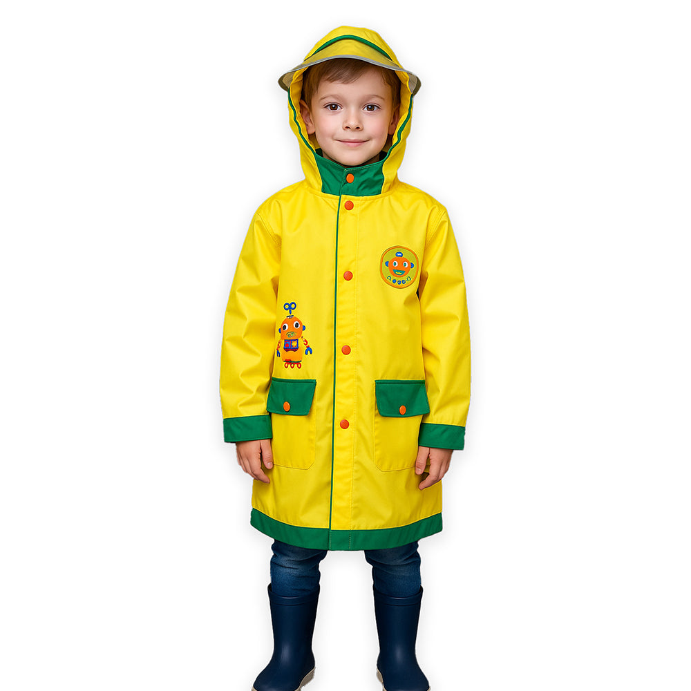Little Surprise Box, Yellow Robot Knee Length Raincoat For Kids
