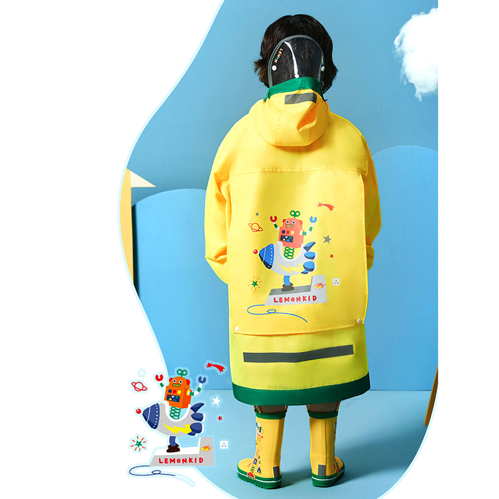 Little Surprise Box, Yellow Robot Knee Length Raincoat For Kids