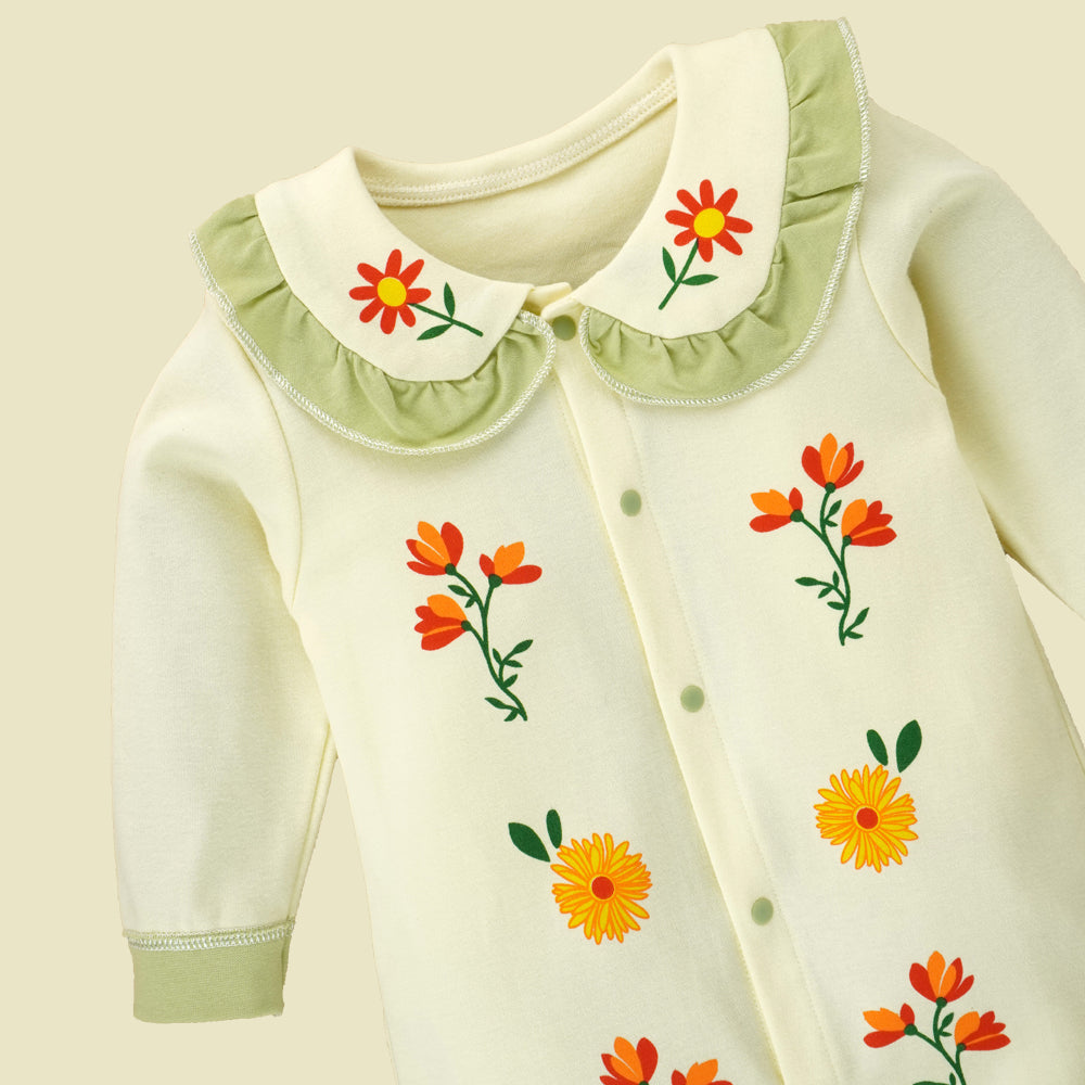 Little Surprise Box, Cream Ruffled Green Neck Floaral Pattern Full Sleeves Romper For Tiny Toddlers