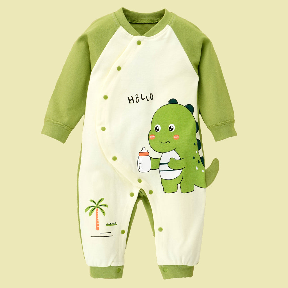 Little Surprise Box, Green Baby Bottle Dino Full Sleeves Jumpsuit Style Romper For Tiny Toddlers