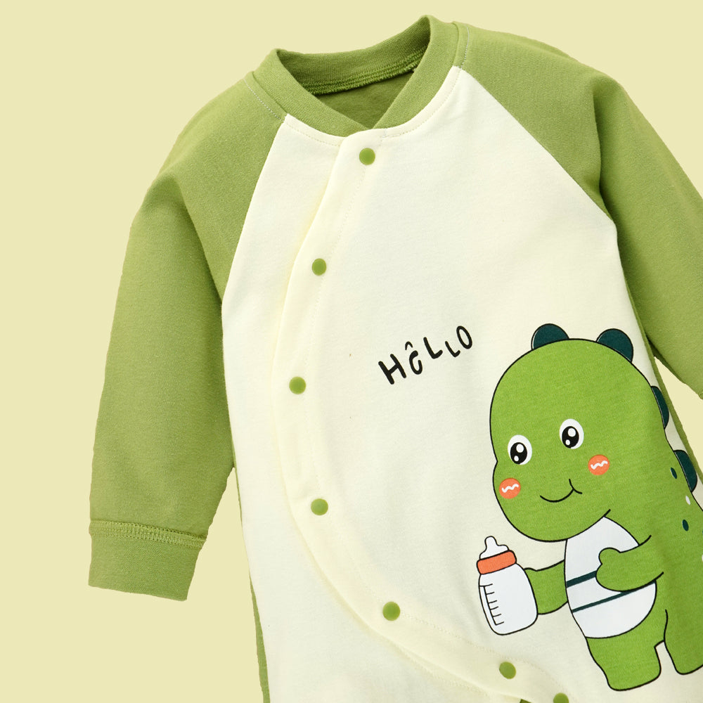 Little Surprise Box, Green Baby Bottle Dino Full Sleeves Jumpsuit Style Romper For Tiny Toddlers