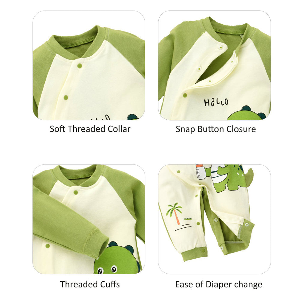 Little Surprise Box, Green Baby Bottle Dino Full Sleeves Jumpsuit Style Romper For Tiny Toddlers