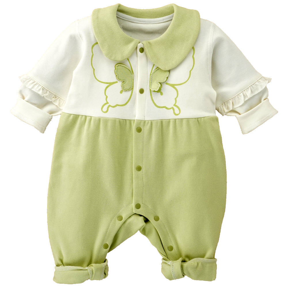 Little Surprise Box, Green & Cream Butterfly Full Sleeves Jumpsuit Style Romper For Tiny Toddlers