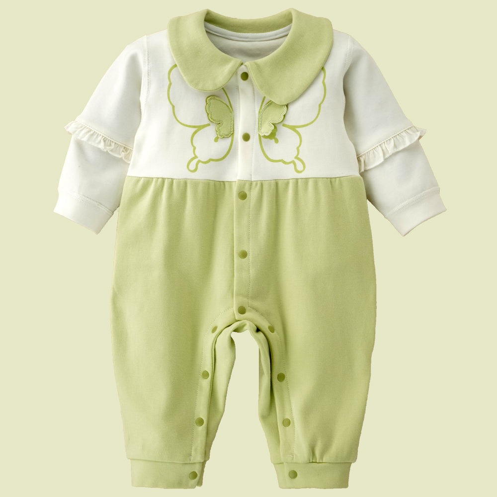 Little Surprise Box, Green & Cream Butterfly Full Sleeves Jumpsuit Style Romper For Tiny Toddlers