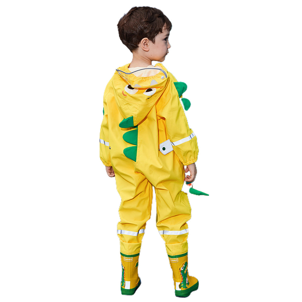 Little Surprise Box All Over  Jumpsuit / Playsuit Raincoat for Kids - Bright Yellow 3d Dino Theme