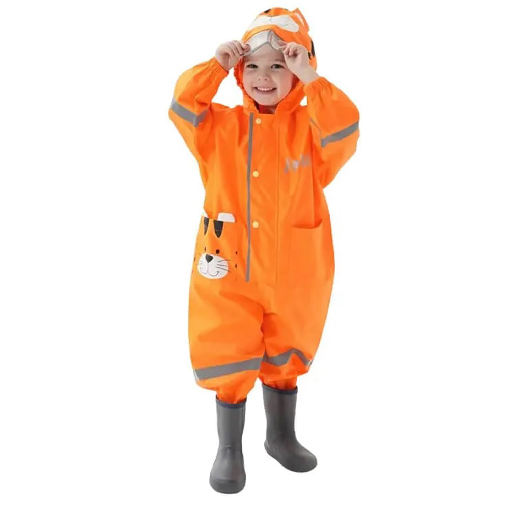 Little Surprise Box All Over Jumpsuit / Playsuit Raincoat for Kids - Bright Orange Roaring Tiger Theme