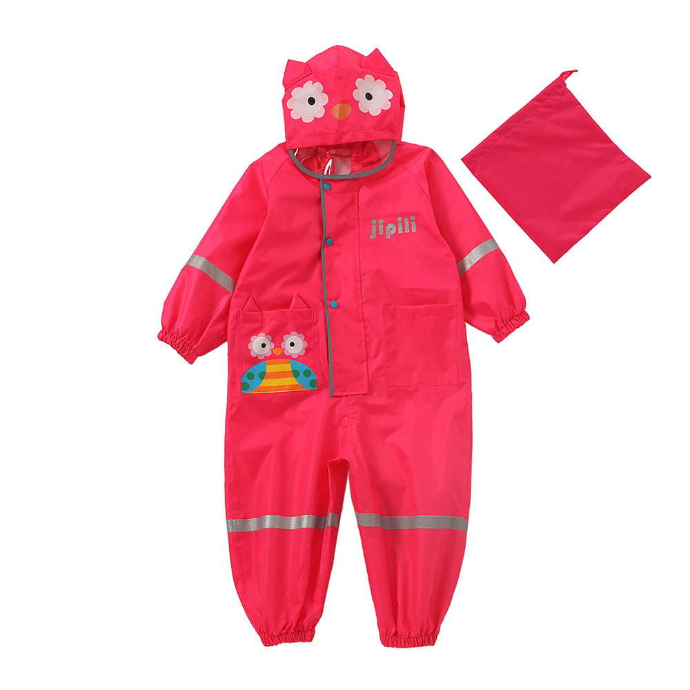 Little Surprise Box All Over Jumpsuit / Playsuit Raincoat For Kids - Fuchsia Pink Cute Owl Theme