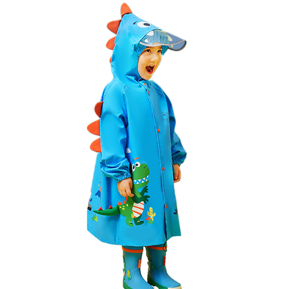 Little Surprise Box, 3d Applique Dino Cactus Theme, Knee Length Raincoat For Kids, Bright Blue