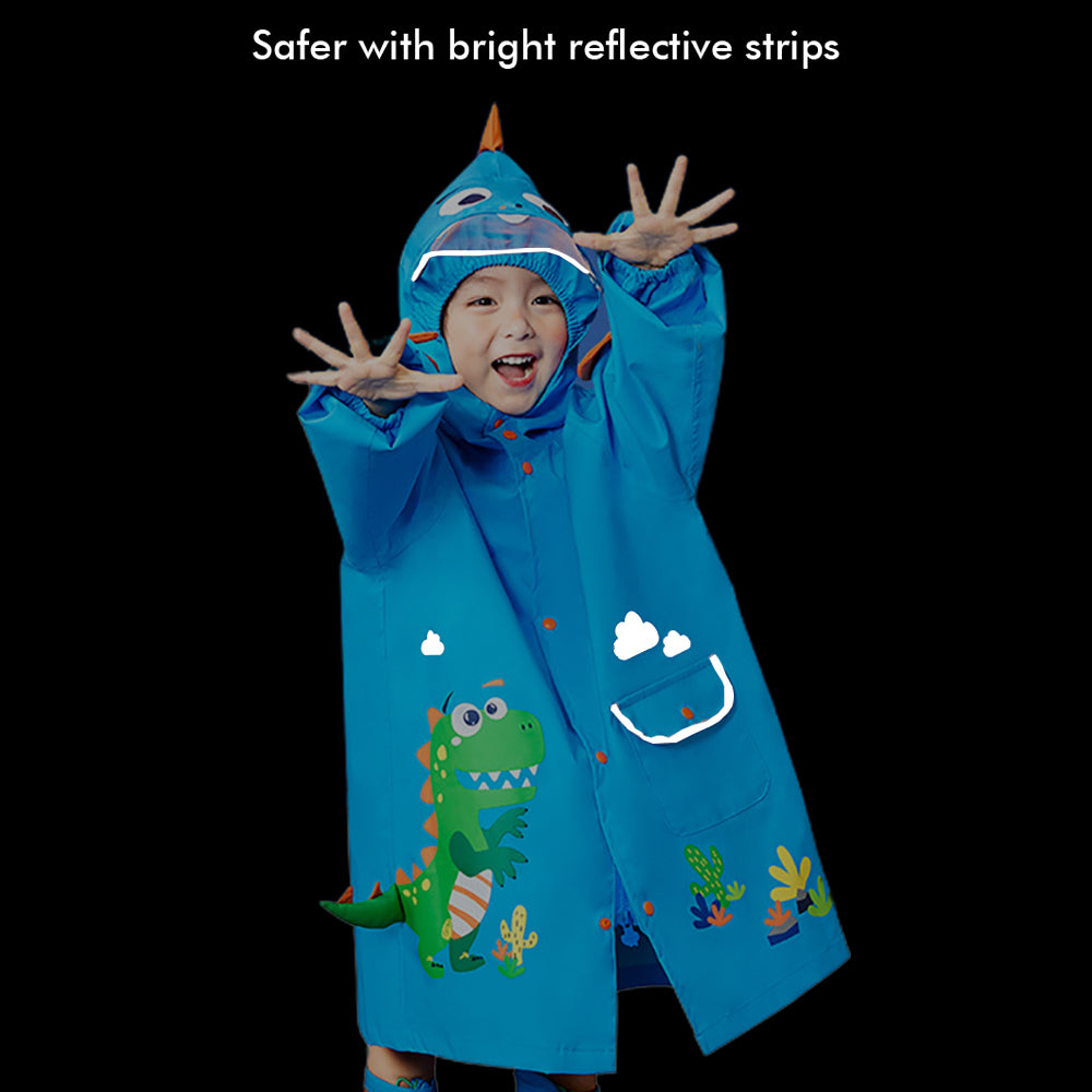Little Surprise Box, 3d Applique Dino Cactus Theme, Knee Length Raincoat For Kids, Bright Blue