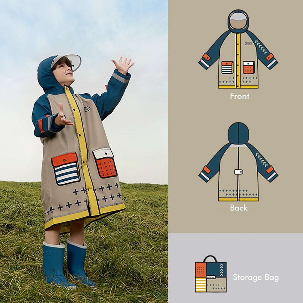 Little Surprise Box, Bold Geometric Print Beige & Blue Raincoat For Kids