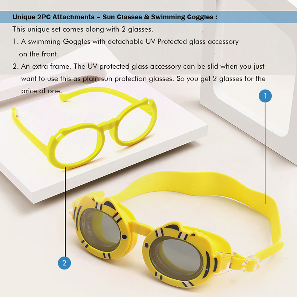 Yellow Fish Dual Glass Frame Sun Protection & Swimming Goggles For Kids, UV Protected And Anti Fog.