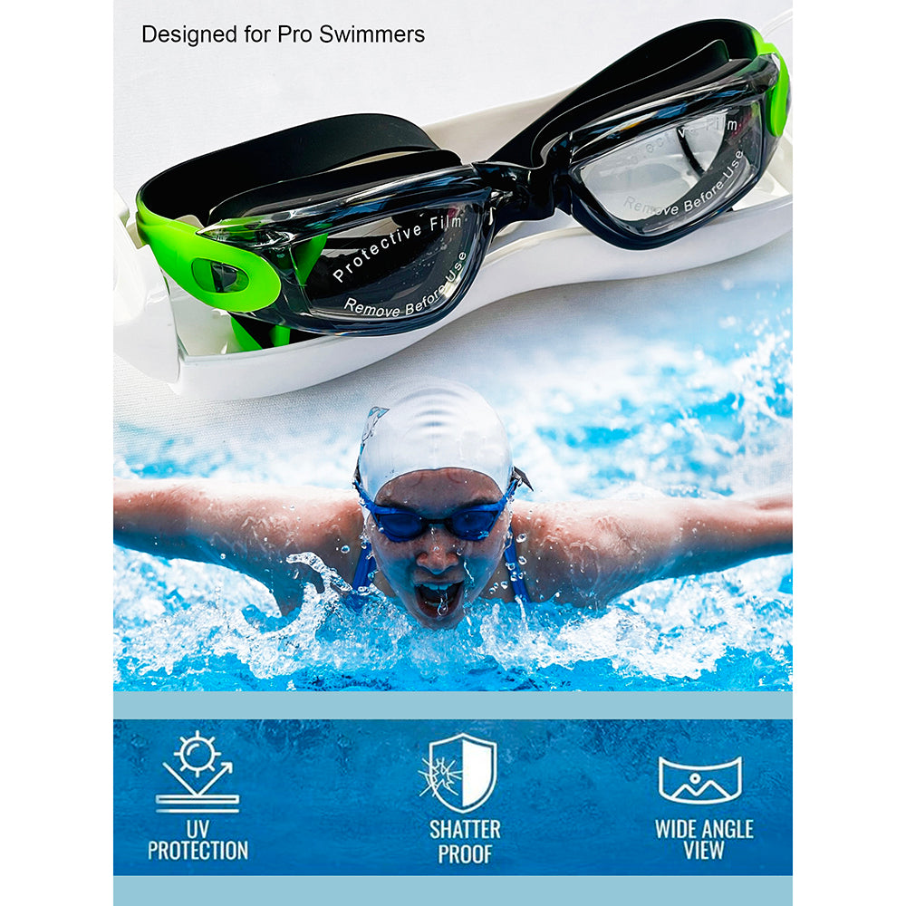 Little Surprise Box, X Factor Black & Green UV protected Unisex Swimming Goggles with attached Ear Plugs for Teens
