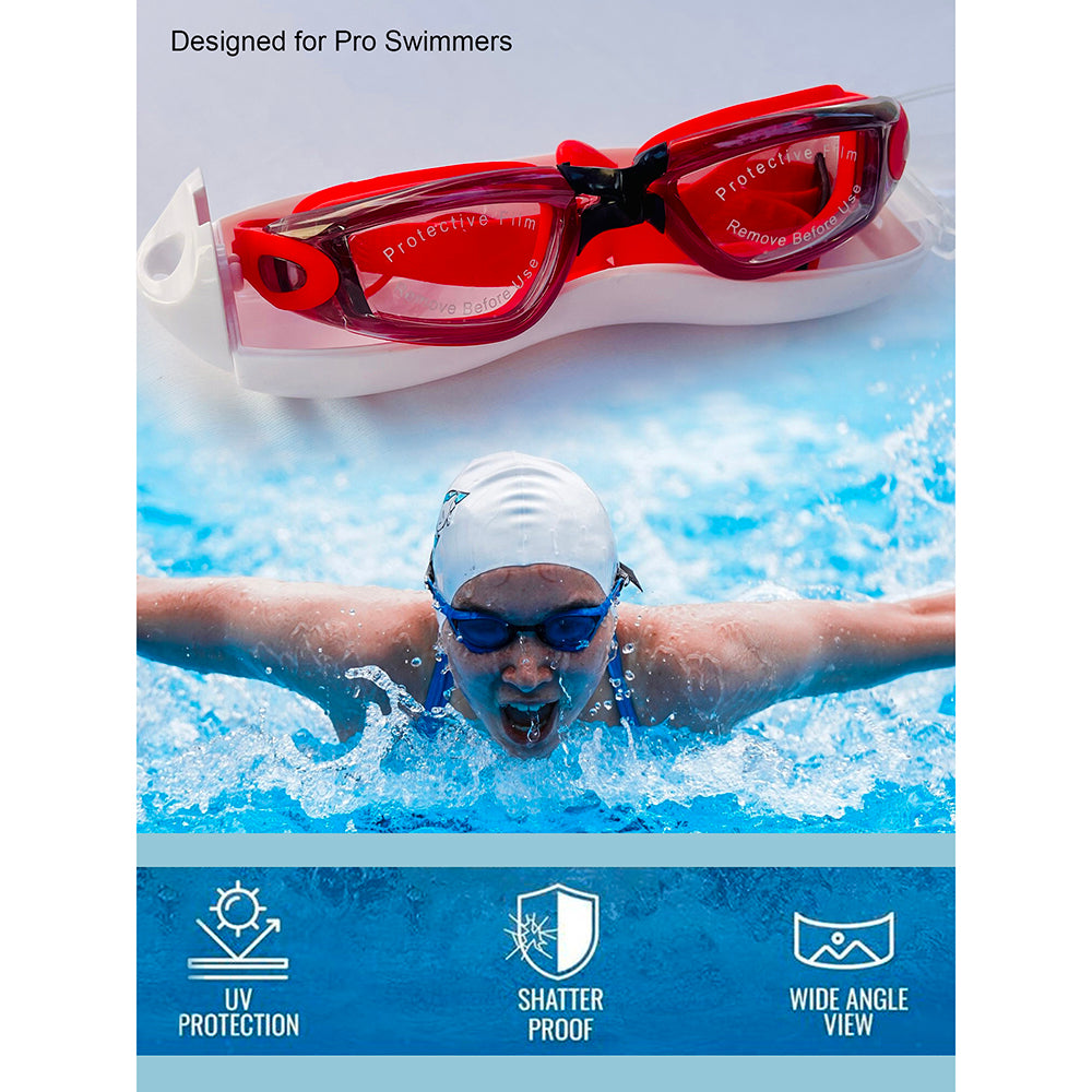 Little Surprise Box, X Factor Red & Black UV protected Unisex Swimming Goggles with attached Ear Plugs for Teens