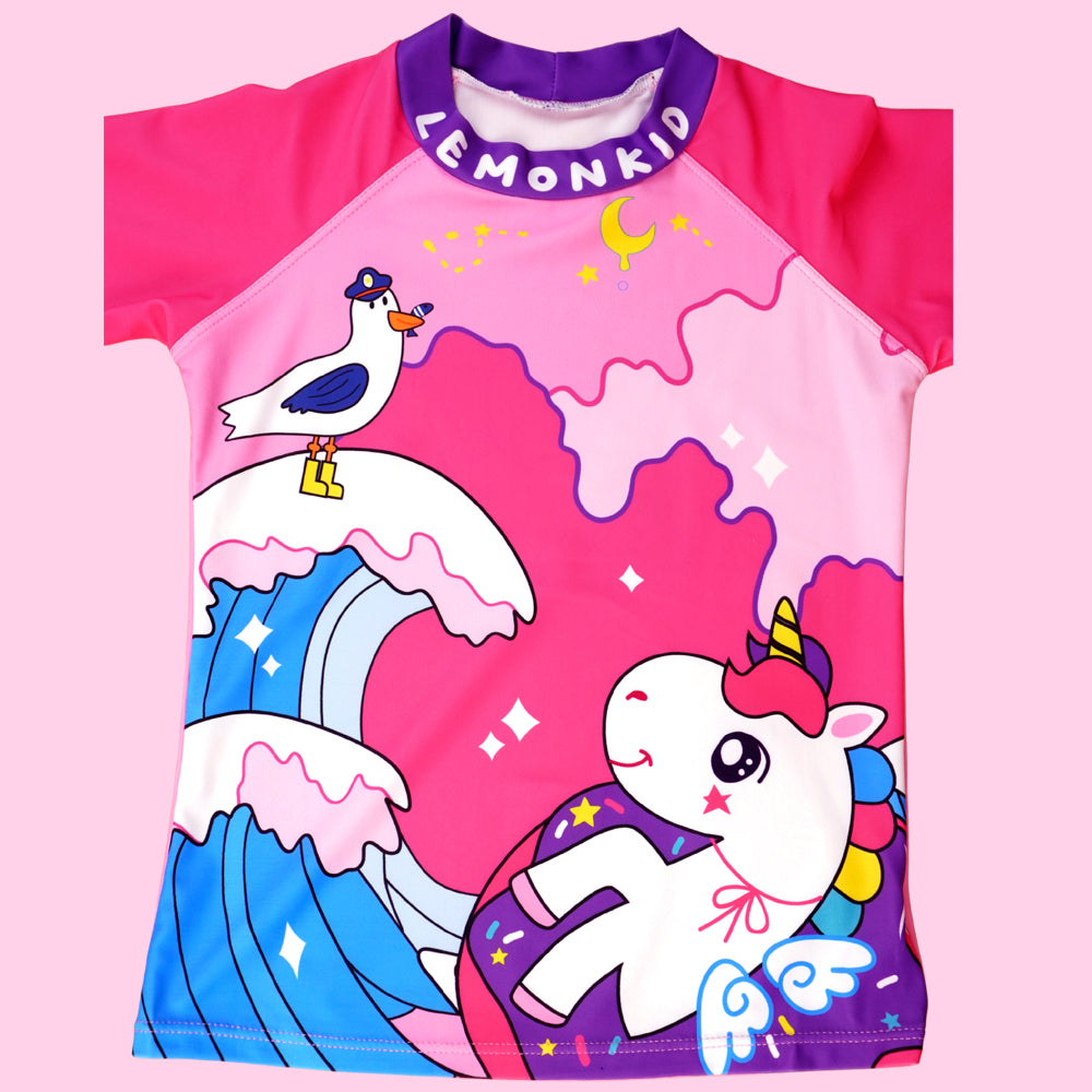Unicorn Moon Print Swimsuit and Swim Cap for Kids- 2Pcs (UPF 50+&A) - Pink