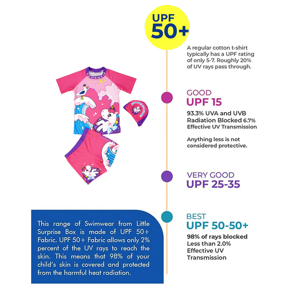Unicorn Moon Print Swimsuit and Swim Cap for Kids- 2Pcs (UPF 50+&A) - Pink