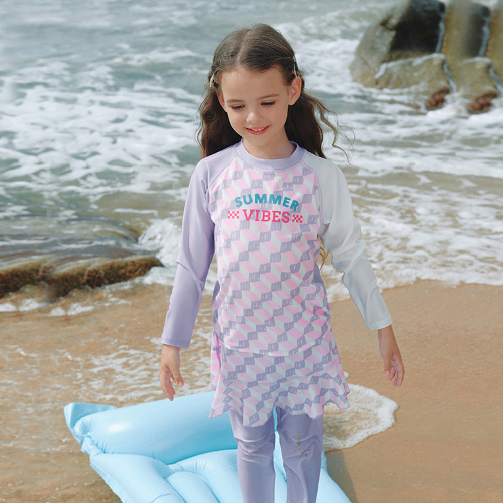 Checkered Swimsuit for Girl- 2Pcs (UPF 50+&A) - Purple