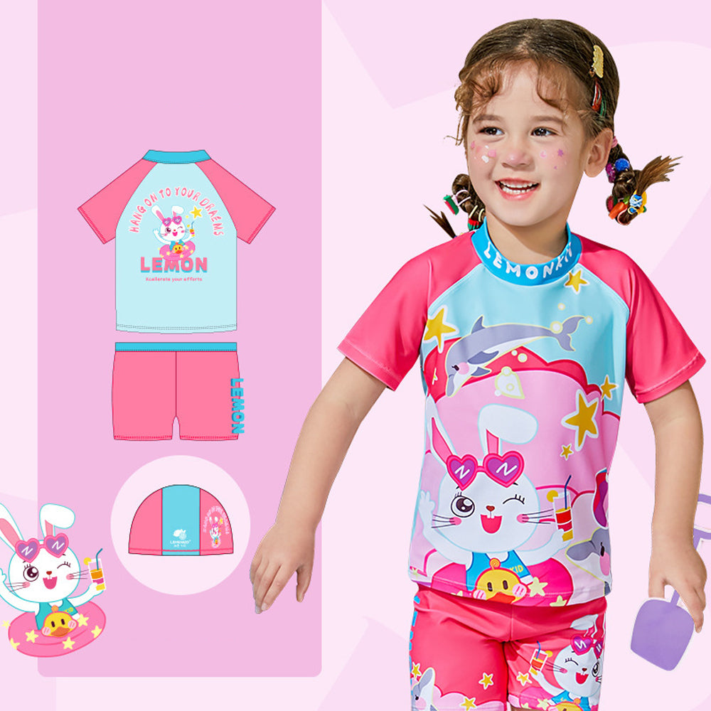 Starry Rabbit Print Swimsuit and Swim Cap for Kids- 2Pcs (UPF 50+&A) - Pink