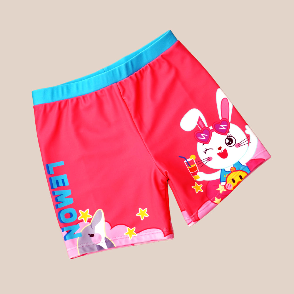 Starry Rabbit Print Swimsuit and Swim Cap for Kids- 2Pcs (UPF 50+&A) - Pink
