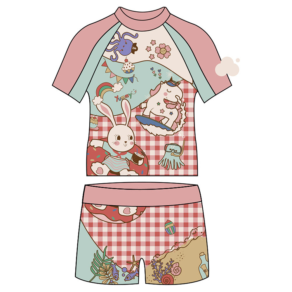 Little Surprise Box 2 PCS Chequered Rabbit Tshirt & Shorts set Swimwear for Kids & Toddlers