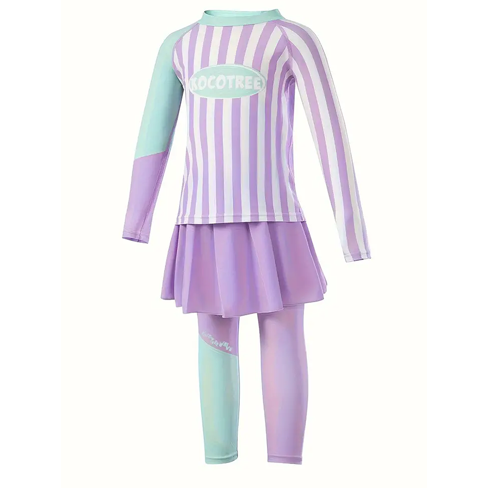 Little Surprise Box Purple & Mint Green Stripes 2pcs Full Length Swimsuit for Girls with UPF 50+