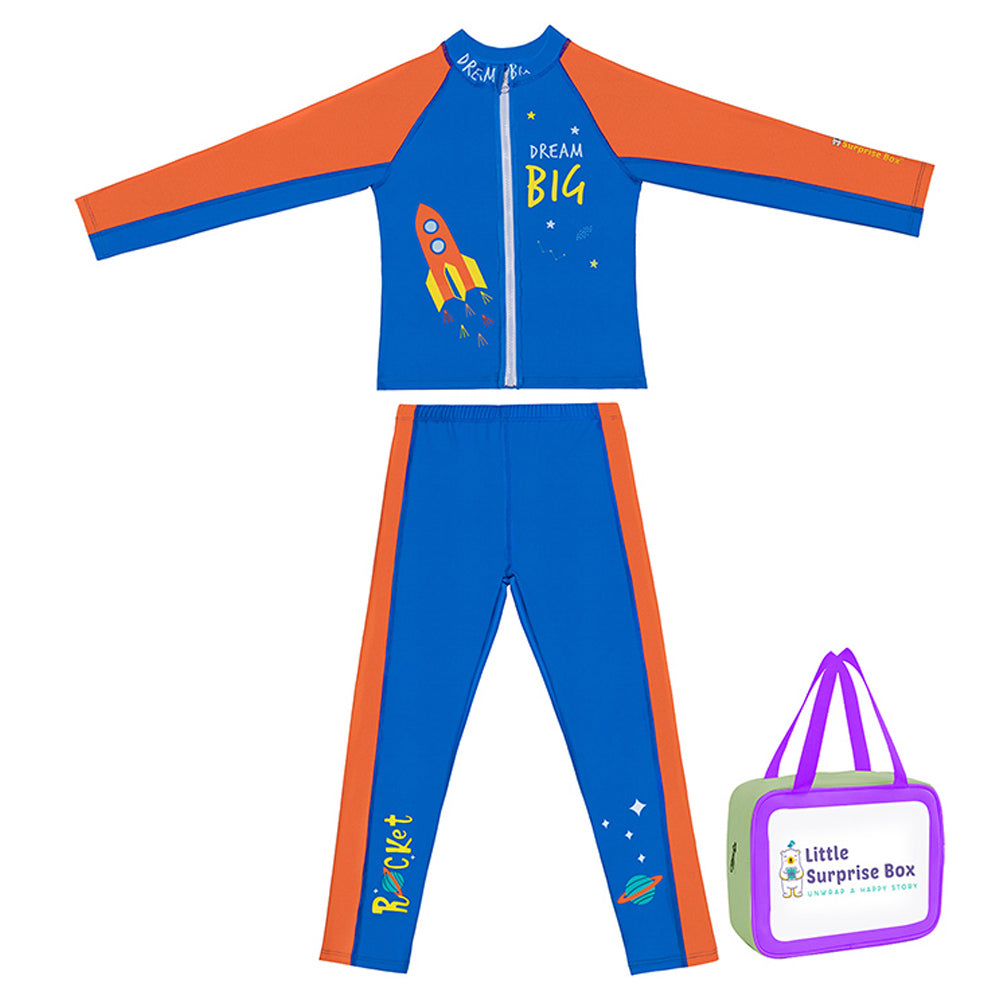 Little Surprise Box,2 pcs Shirt & Pants set LSB Blue & Orange Space Swimwear Full length for Kids with UPF 30+