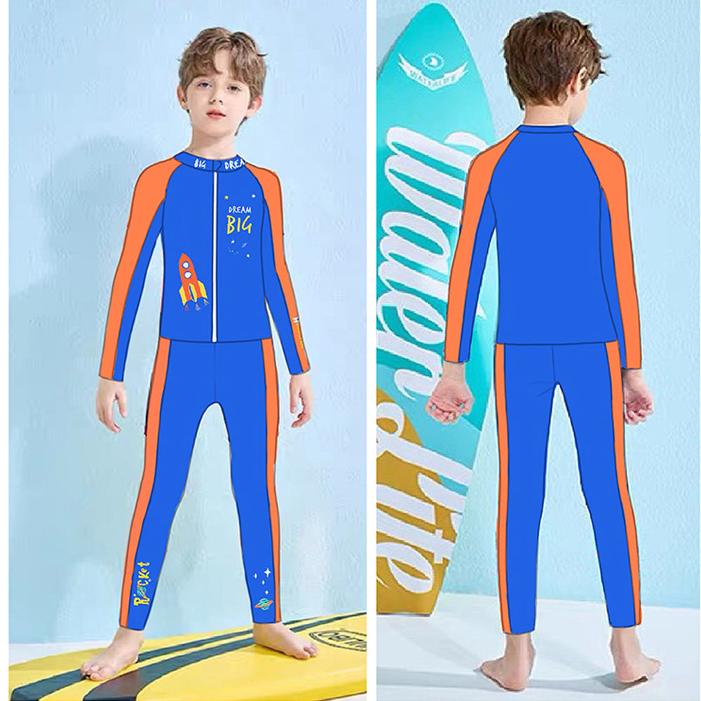 Little Surprise Box,2 pcs Shirt & Pants set LSB Blue & Orange Space Swimwear Full length for Kids with UPF 30+