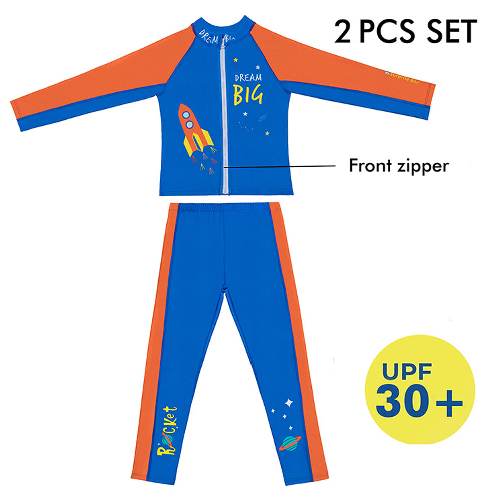 Little Surprise Box,2 pcs Shirt & Pants set LSB Blue & Orange Space Swimwear Full length for Kids with UPF 30+