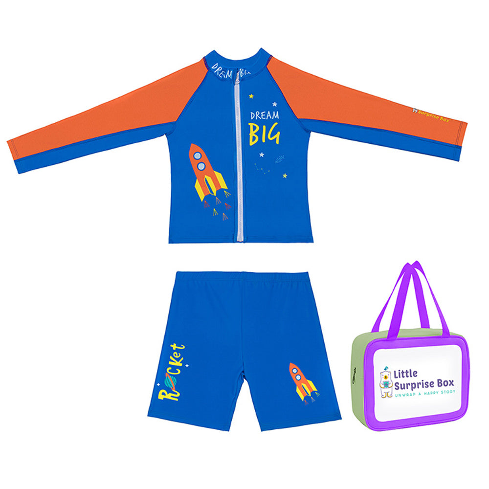 Little Surprise Box,2 pcs Shirt & Shorts set LSB Blue & Orange Space Swimwear Knee length for Kids with UPF 30+