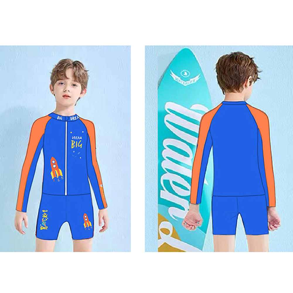 Little Surprise Box,2 pcs Shirt & Shorts set LSB Blue & Orange Space Swimwear Knee length for Kids with UPF 30+