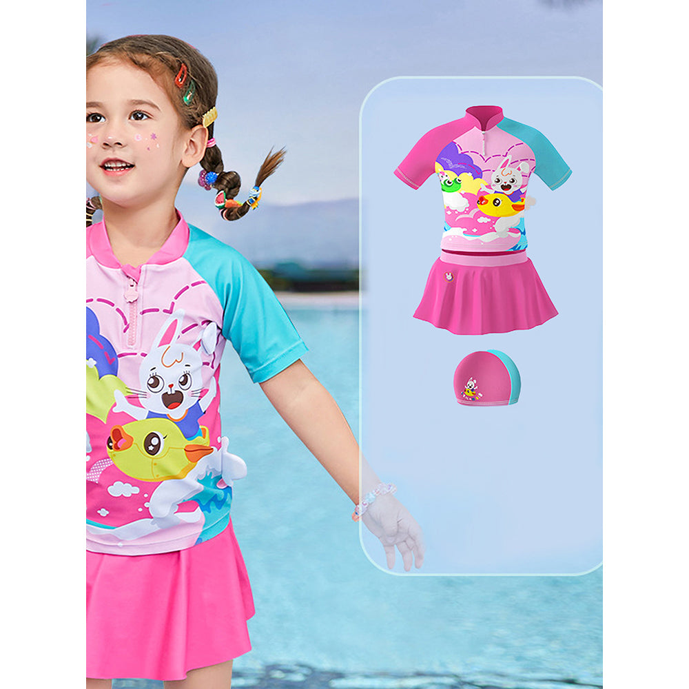 Little Surprise Box, 2 pcs Shirt & Skirt Set, Mint & Pink Multi Swimwear With Matching Swim cap For Kids With UPF 50+