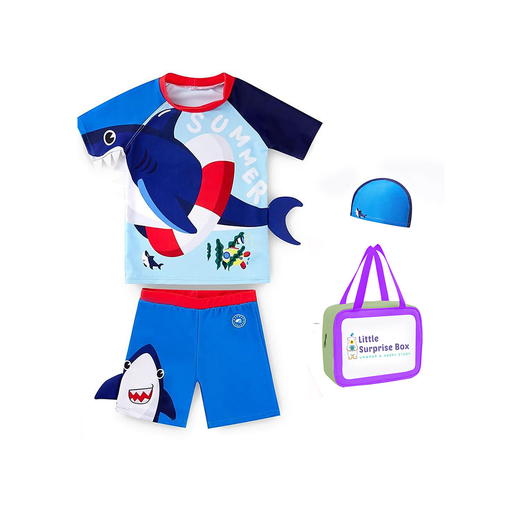 2 pcs Shirt & Shorts Set Red & Blue 3d Whale Kids Swimwear With Matching Swim Cap With UPF 50+