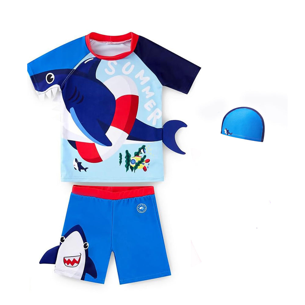 2 pcs Shirt & Shorts Set Red & Blue 3d Whale Kids Swimwear With Matching Swim Cap With UPF 50+
