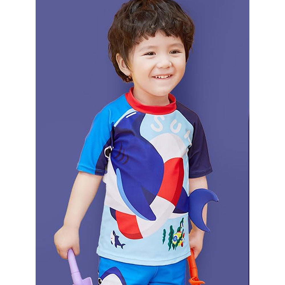 2 pcs Shirt & Shorts Set Red & Blue 3d Whale Kids Swimwear With Matching Swim Cap With UPF 50+