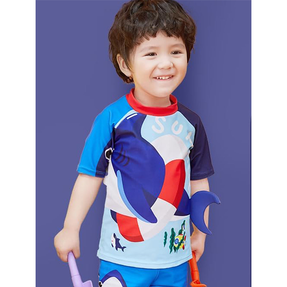 2 pcs Shirt & Shorts Set Red & Blue 3d Whale Kids Swimwear With Matching Swim Cap With UPF 50+