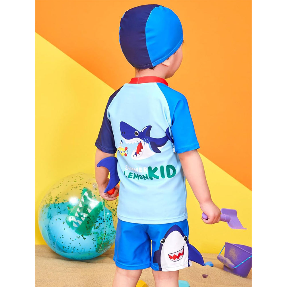 2 pcs Shirt & Shorts Set Red & Blue 3d Whale Kids Swimwear With Matching Swim Cap With UPF 50+