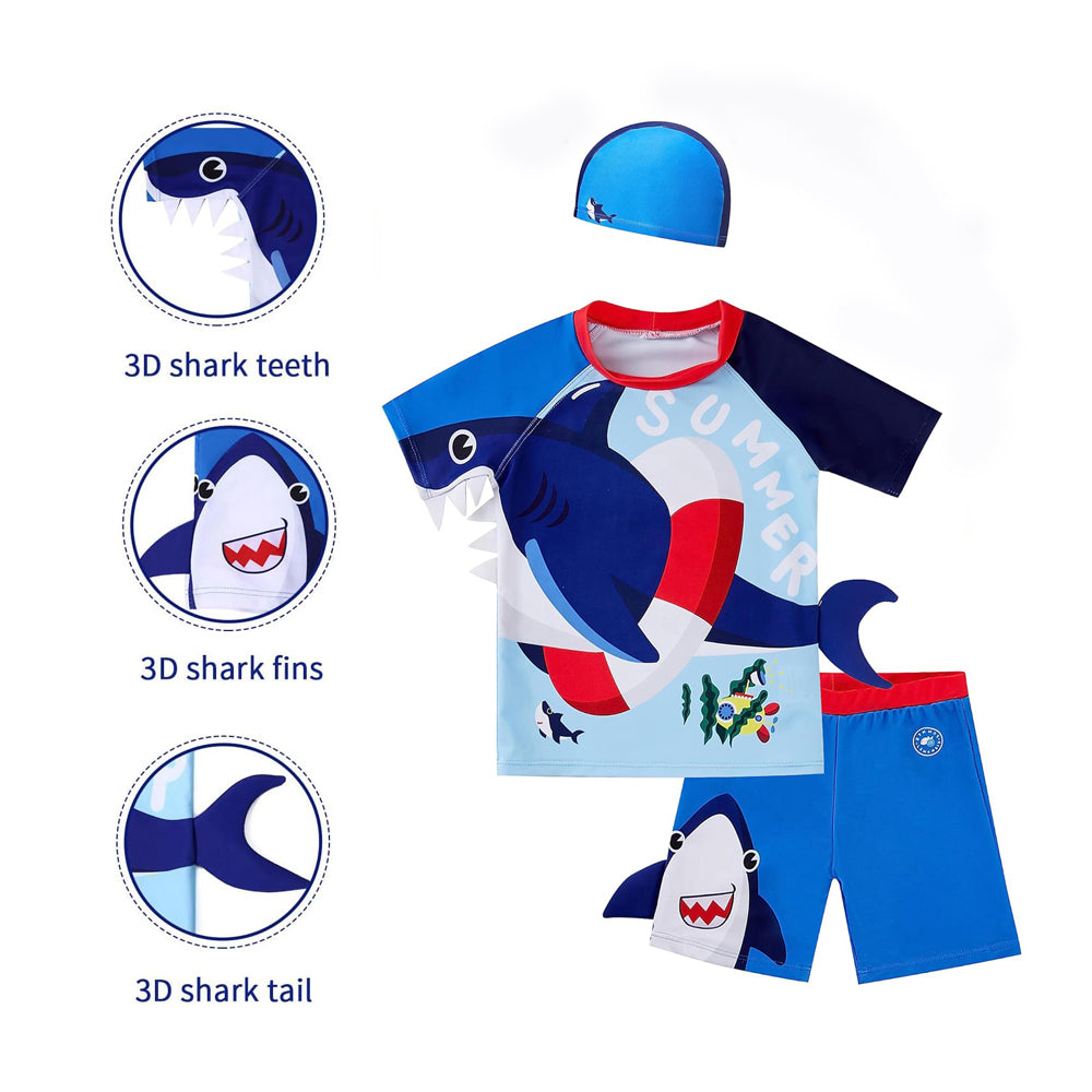2 pcs Shirt & Shorts Set Red & Blue 3d Whale Kids Swimwear With Matching Swim Cap With UPF 50+