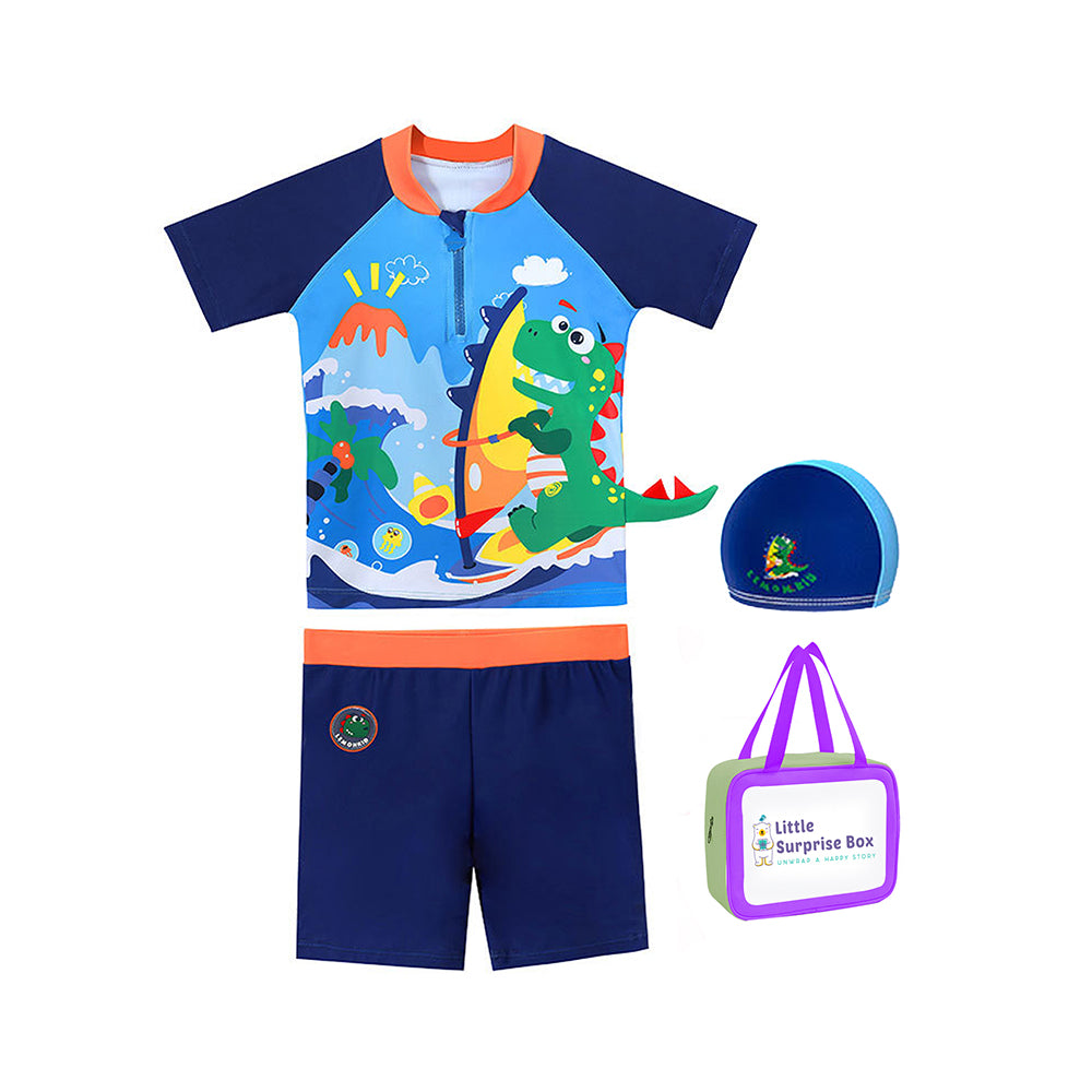 2 pcs Shirt & Shorts Set Blue 3d Dino Surfer Kids Swimwear With Matching Swim Cap With UPF 50+