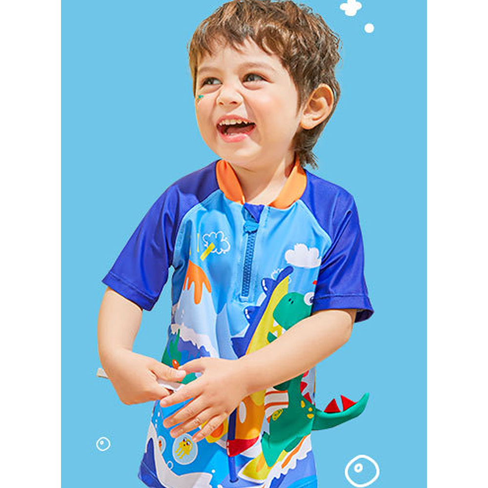 2 pcs Shirt & Shorts Set Blue 3d Dino Surfer Kids Swimwear With Matching Swim Cap With UPF 50+