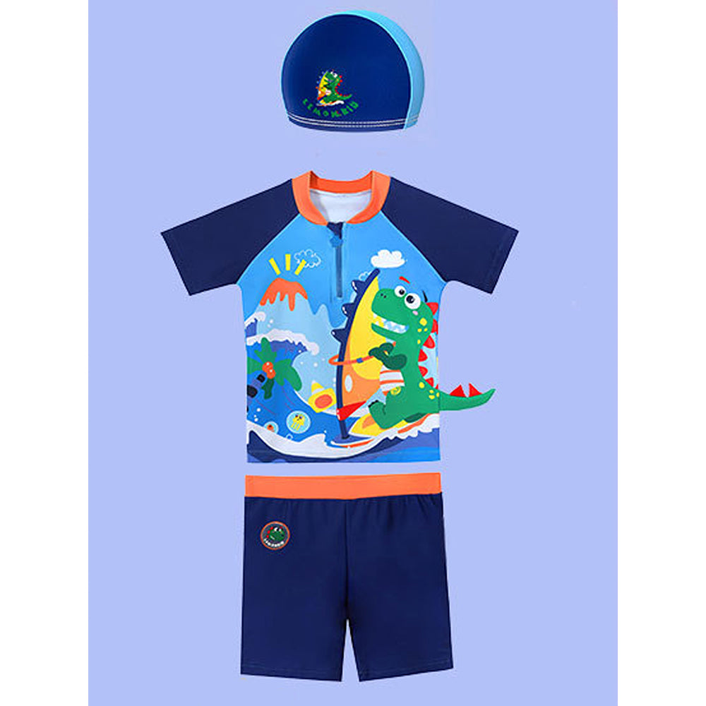 2 pcs Shirt & Shorts Set Blue 3d Dino Surfer Kids Swimwear With Matching Swim Cap With UPF 50+