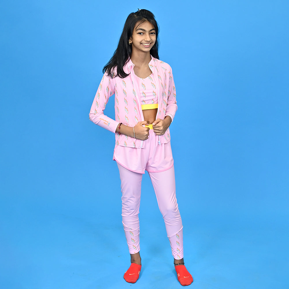 3pcs Pink Flower Power Matching Top,leggings & Jacket style Swimwear set for Pre Teens & Teens.