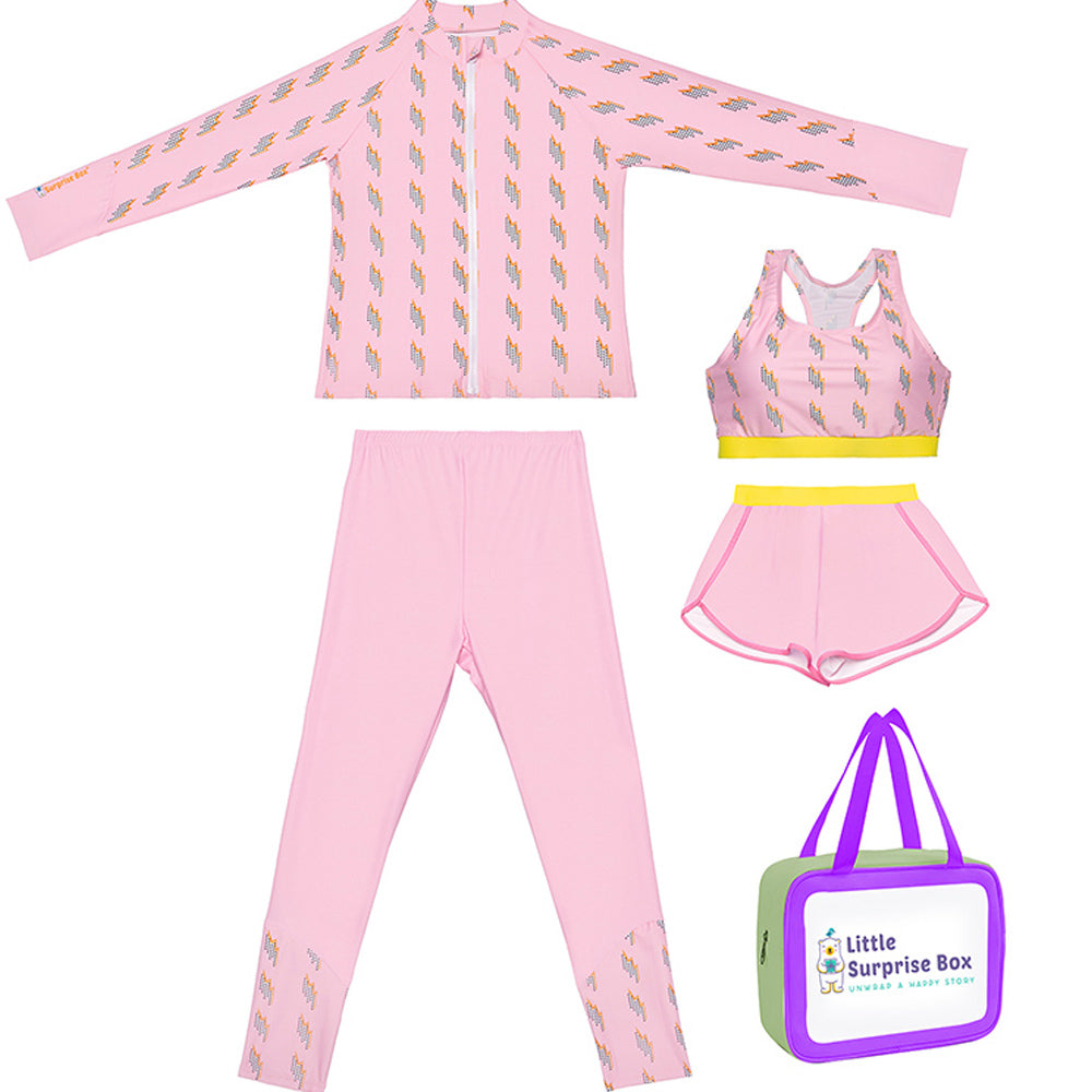 Little Surprise Box,3 pcs Pink ThunderBolt Matching Top,Leggings & Jacket style Swimwear set for Pre teens & Teens