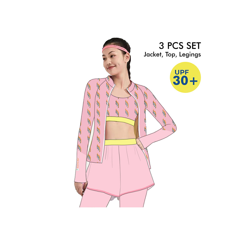 Little Surprise Box,3 pcs Pink ThunderBolt Matching Top,Leggings & Jacket style Swimwear set for Pre teens & Teens