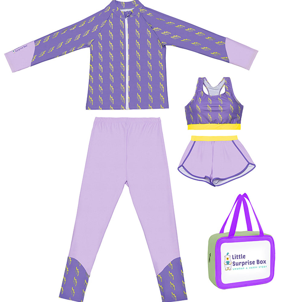 Little Surprise Box,3 pcs Purple ThunderBolt Matching Top,leggings & Jacket style Swimwear set for Pre Teens & Teens