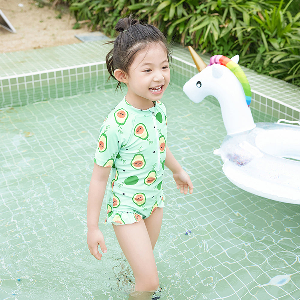 Little Surprise Box,Frilly Avacado Print Swimwear +Swim Cap for Toddlers & Kids