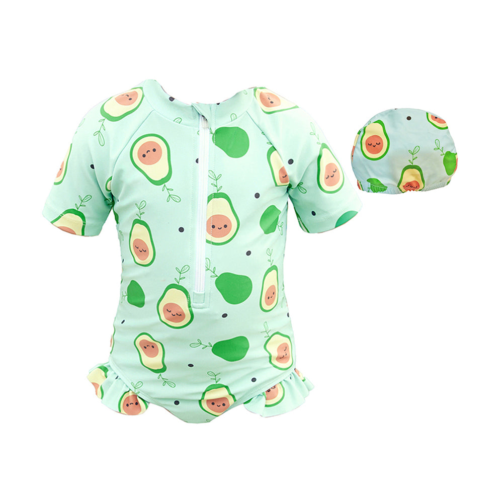 Little Surprise Box,Frilly Avacado Print Swimwear +Swim Cap for Toddlers & Kids