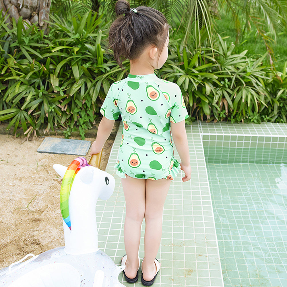 Little Surprise Box,Frilly Avacado Print Swimwear +Swim Cap for Toddlers & Kids