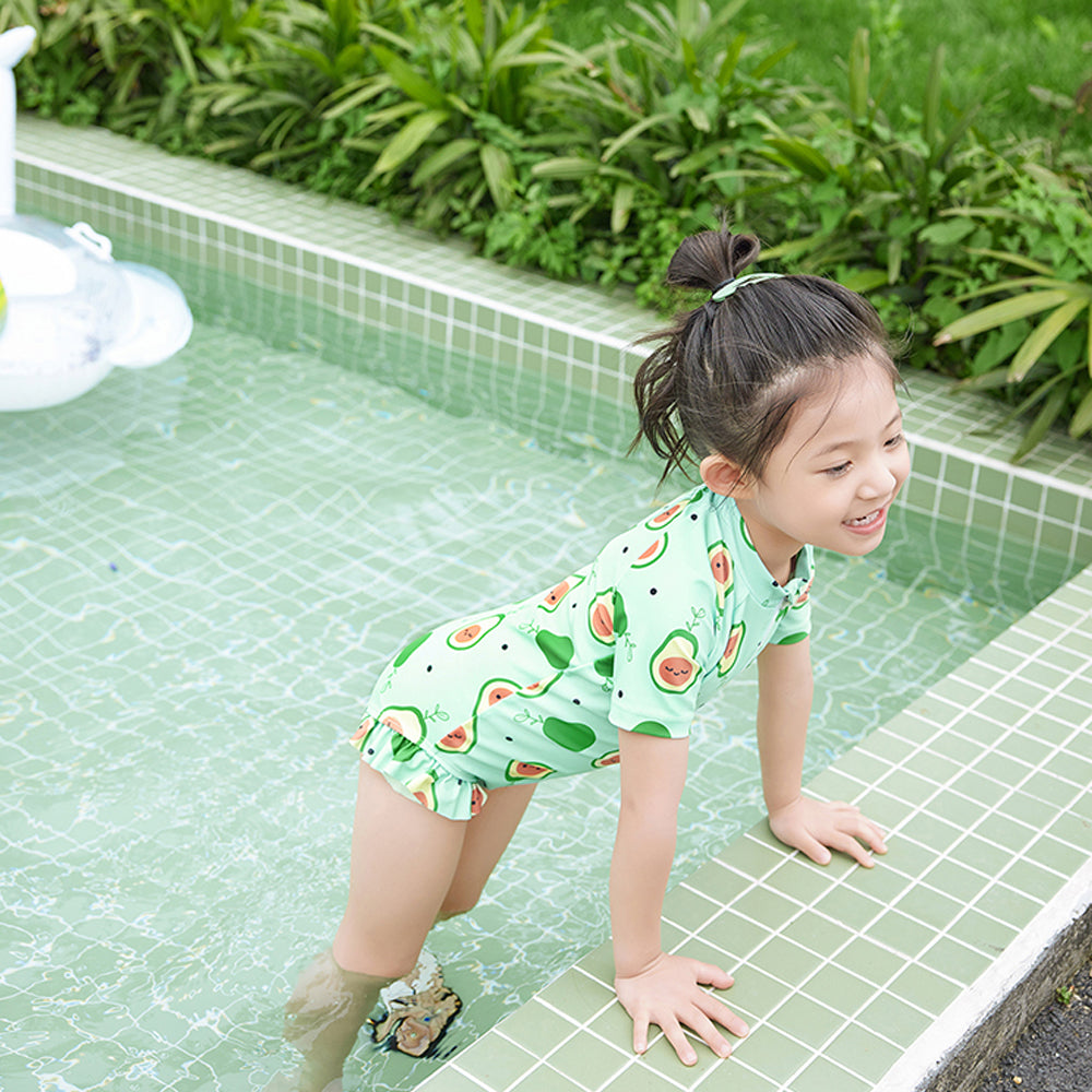 Little Surprise Box,Frilly Avacado Print Swimwear +Swim Cap for Toddlers & Kids