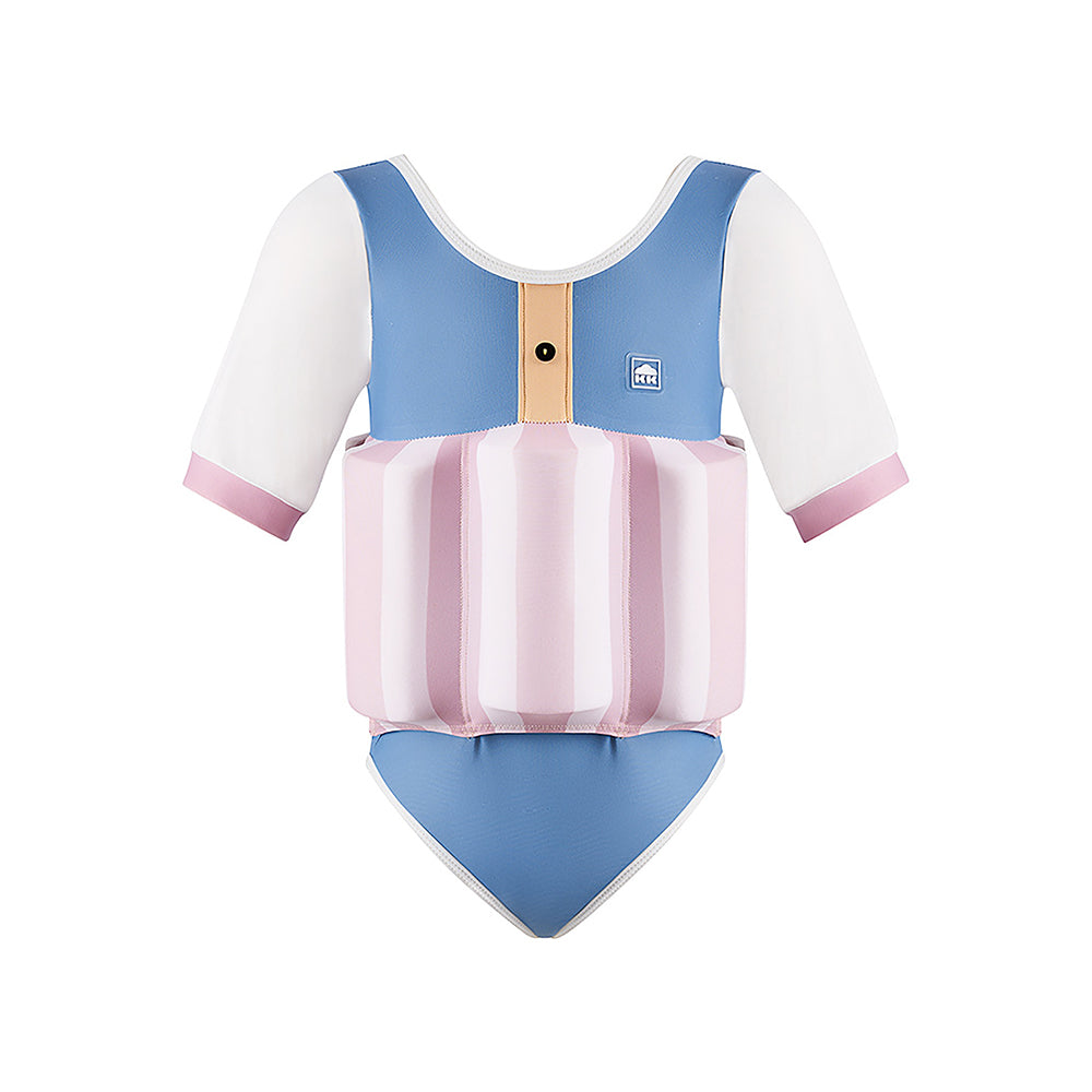 Little Surprise Box Powder Blue & Pink Stripes Kids Swimsuit with attached Swim Floats +tie up cap in UPF 50+